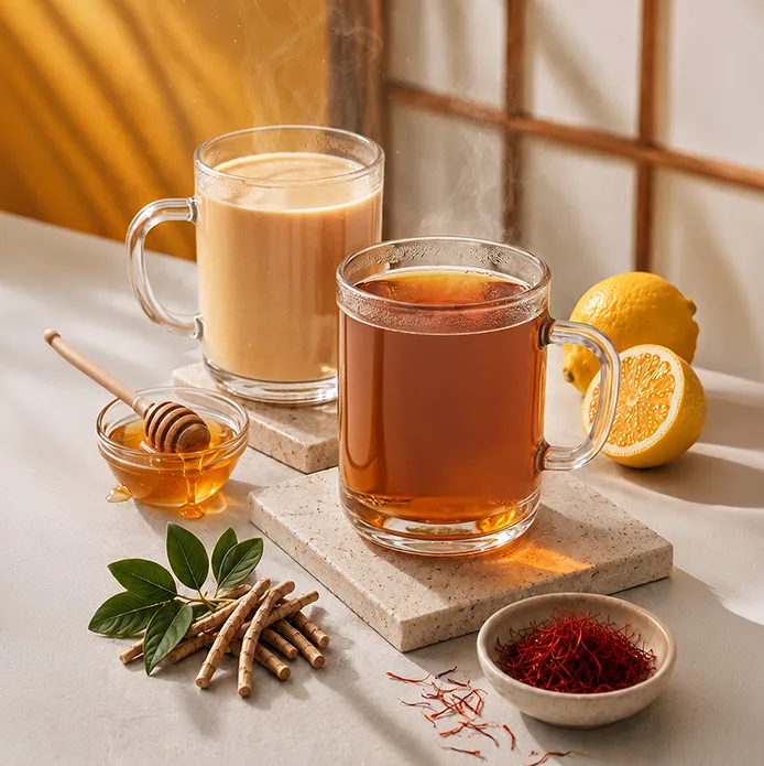 Chai Point Ashwagandha Saffron Chai, served beside honey, saffron and ashwagandha root