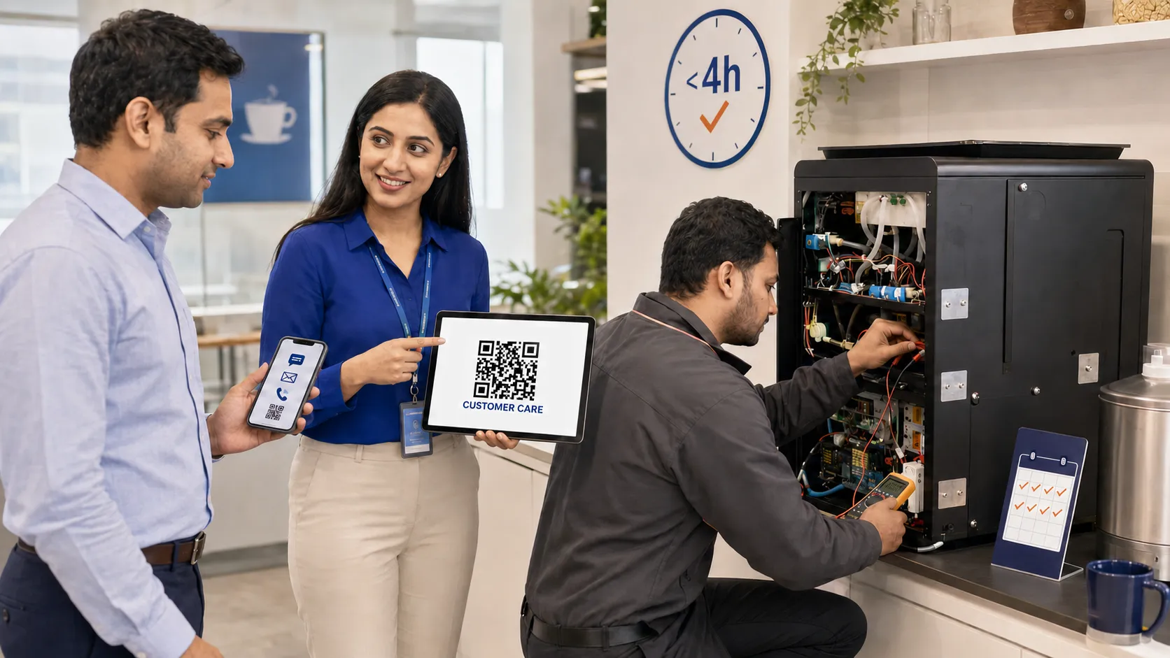 A Chai Point engineer servicing an open Brewing Bot while a colleague shows the customer-care QR code