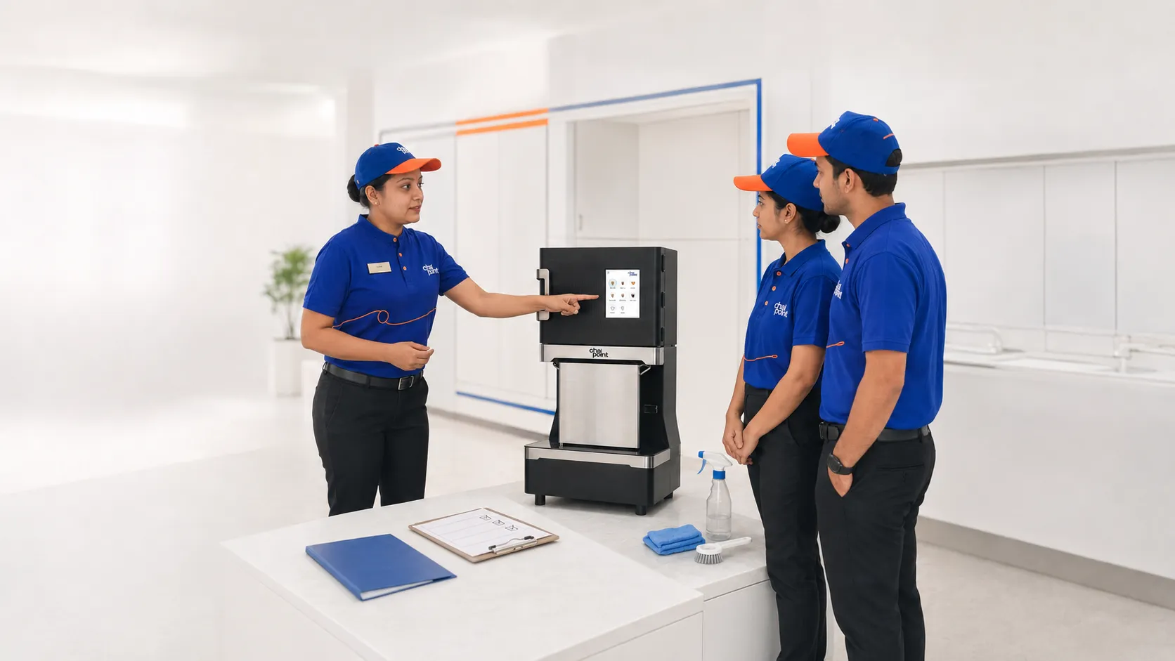 A Chai Point trainer demonstrating a Brewing Bot's touchscreen to two pantry staff