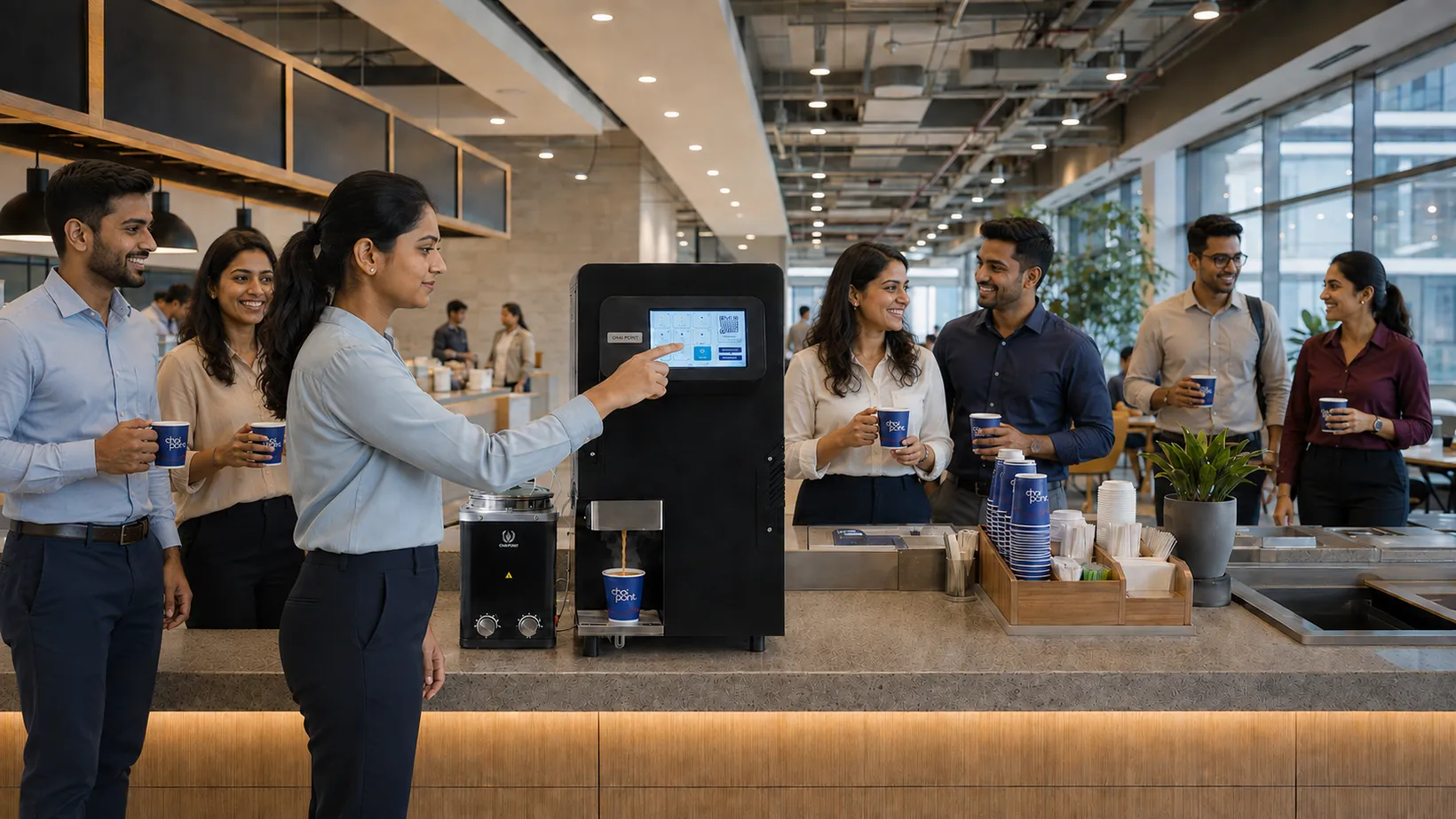 A Brewing Bot serving chai on an office floor