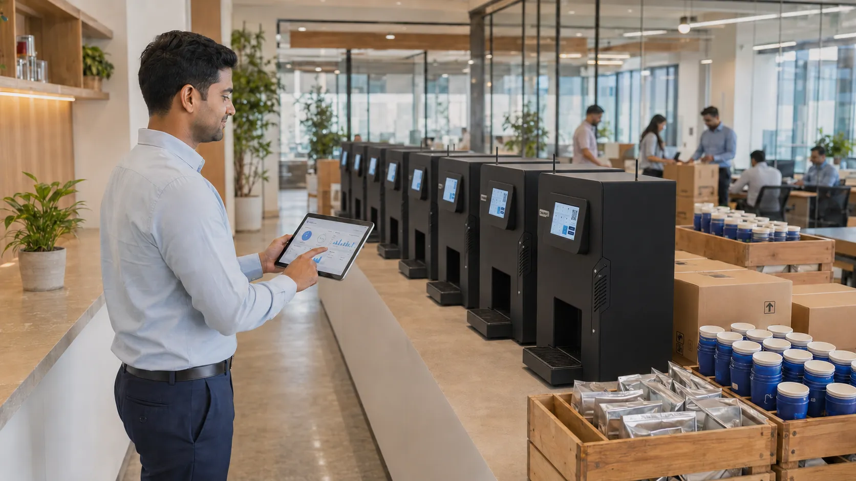 A row of Brewing Bots in an office pantry, checked on a tablet