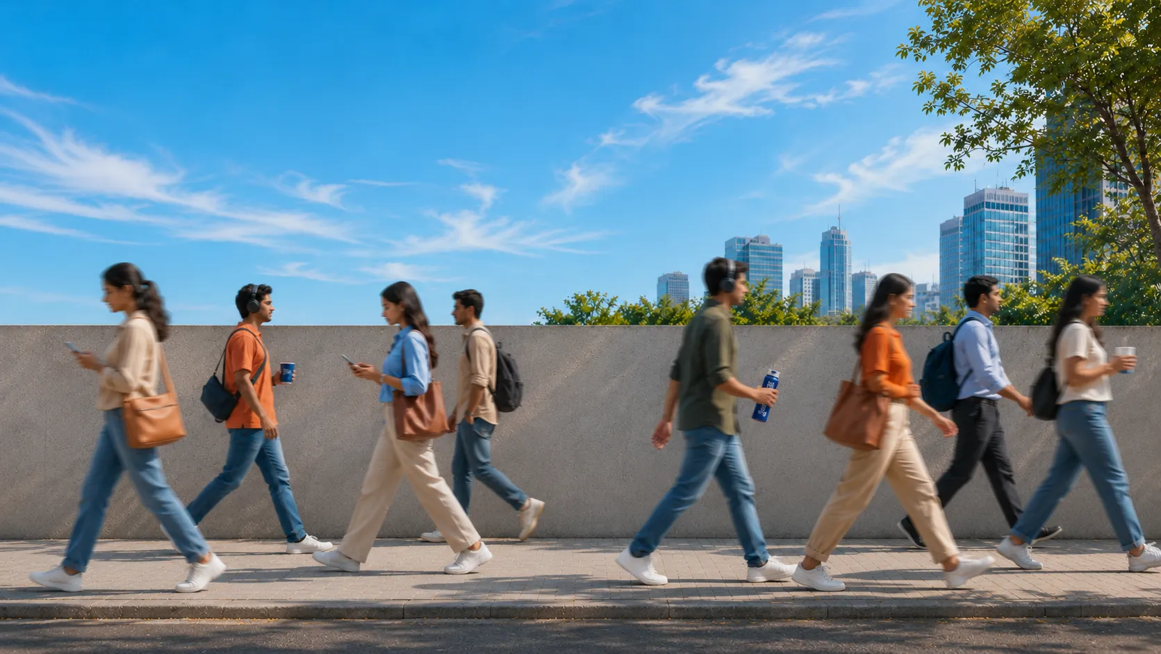 Commuters walking through an Indian city, several carrying Chai Point cups