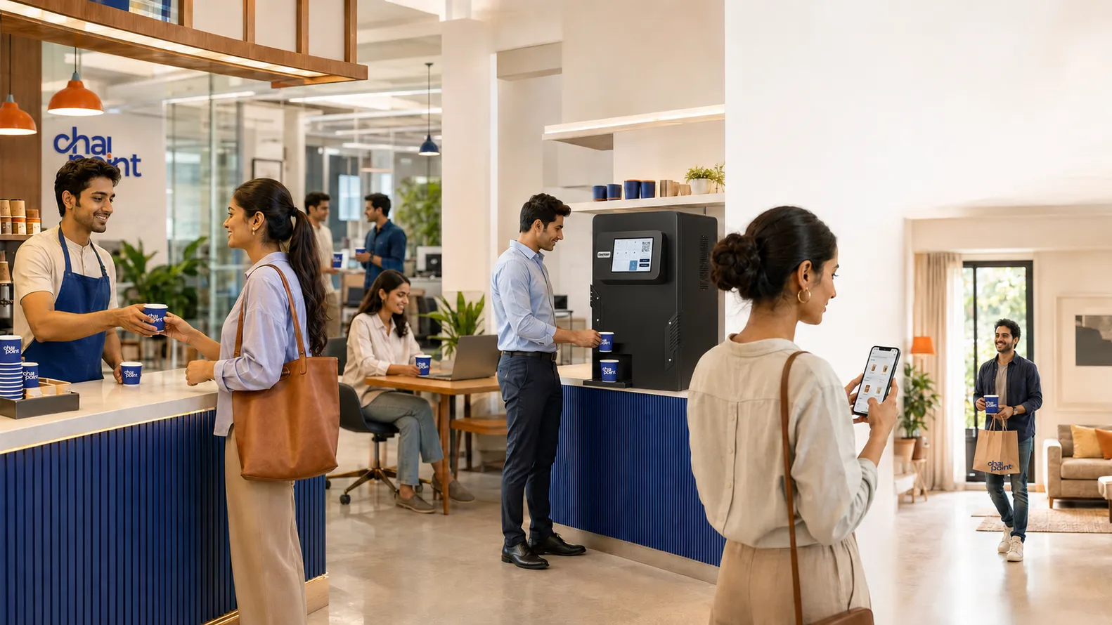 A Chai Point store counter, app and Brewing Bot side by side